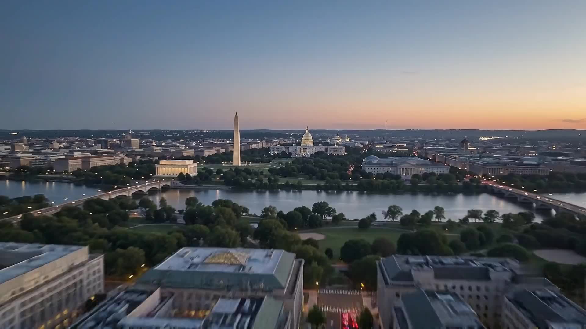 Aerial view of Washington DC and the Potomac at sunset
