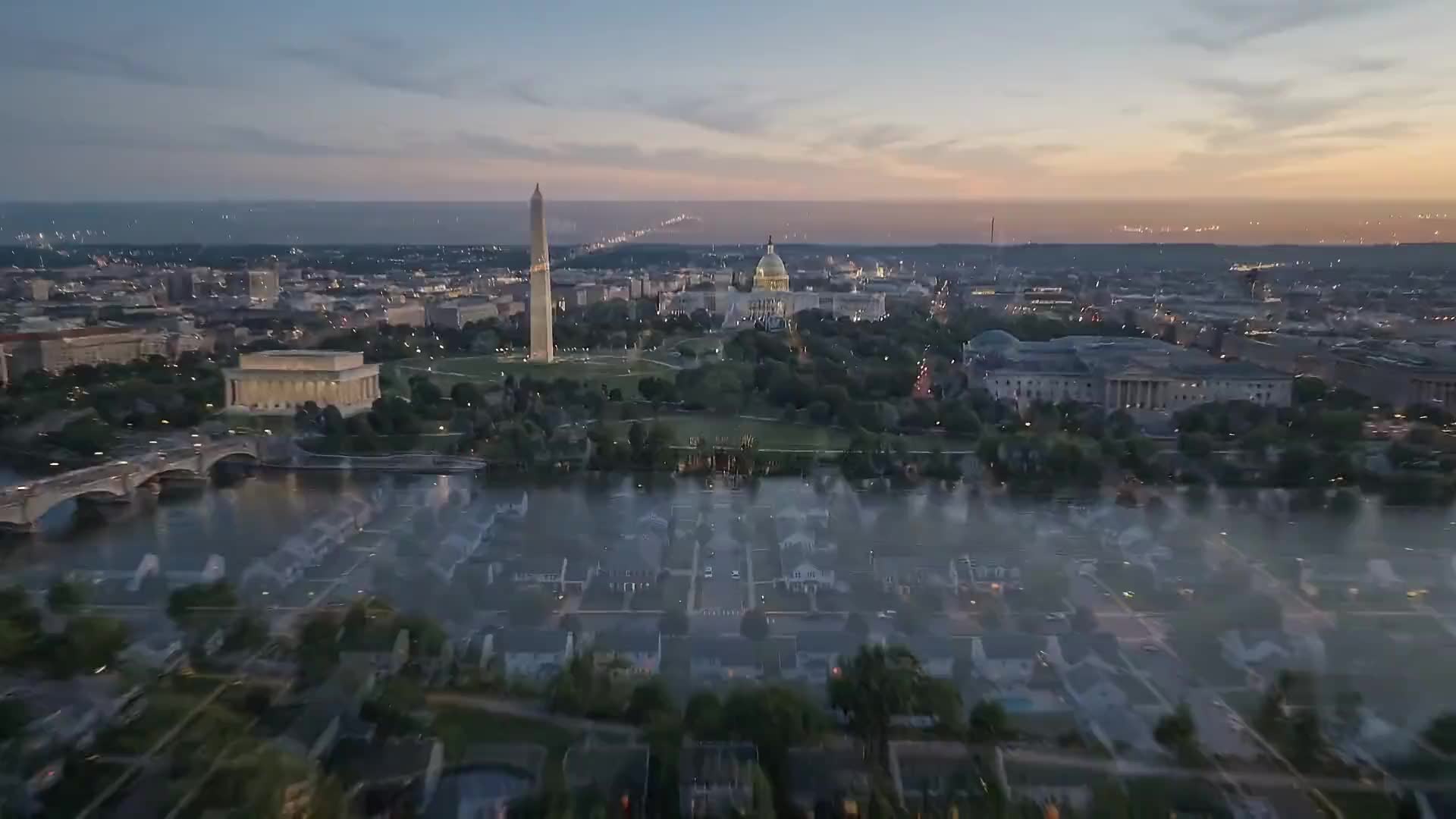 Northern Virginia estate at dusk with the US Capitol dome visible in the distance
