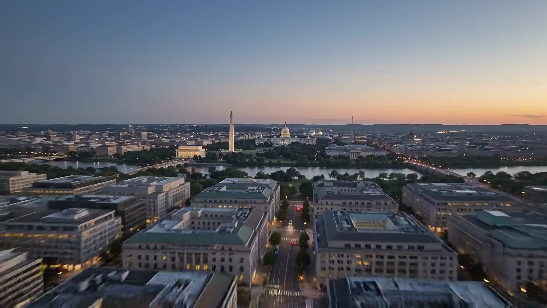 Aerial view of the Washington DC skyline at dusk, the market Kevin Bailey serves